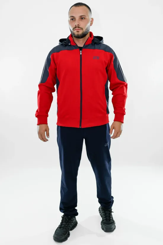 Мъжки памучен спортен екип R-1133 – червен, с качулка и джобове с цип, Raymond